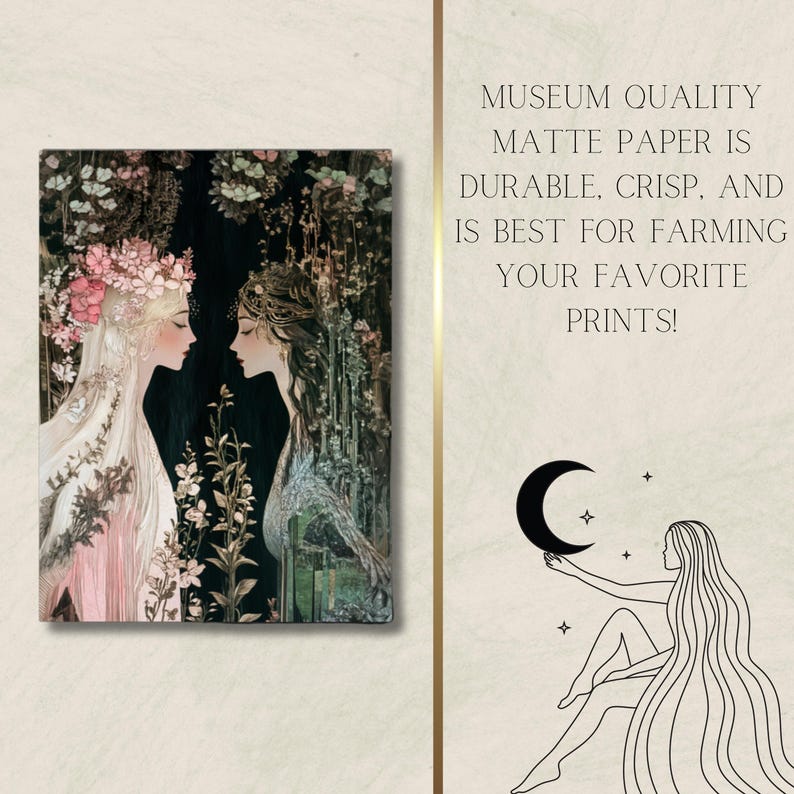 May include: Two women with long flowing hair stand facing each other in a forest setting. They are surrounded by lush greenery and flowers. The women are wearing flowing gowns and have delicate features. The artwork is painted in a soft, romantic style.