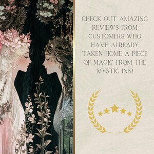 May include: Two women with floral crowns stand facing each other in a dark forest setting. The text reads "CHECK OUT AMAZING REVIEWS FROM CUSTOMERS WHO HAVE ALREADY TAKEN HOME A PIECE OF MAGIC FROM THE MYSTIC INN!" with five gold stars below.