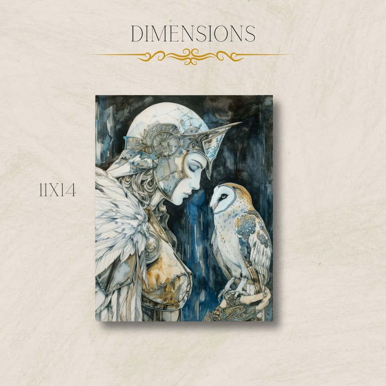 May include: A woman with a silver helmet and a white feathered wing on her shoulder looks at a white barn owl with brown markings. The woman is wearing a silver and gold armor. The background is a dark blue and gray watercolor wash.
