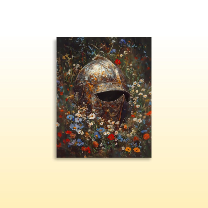 Lost Knight's Helm Floral Matte Print Floral Knight Fantasy Print Dark Cottage Core Wall Decor Fantasy Wildflower Wall Decor Fantasy