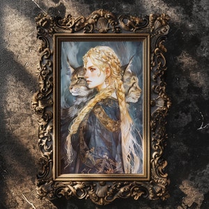 Freya, affiche de la reine nordique des Walkyries, décoration murale, aquarelle et encre japonaises, décoration murale nordique mythologique Freya avec des chats