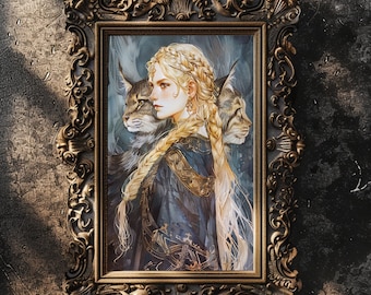 Freya, nordische Königin der Walküren Poster Wanddekoration Japanische Aquarell- und Tuschekunst Nordische mythologische Wanddekoration Freya mit Katzen