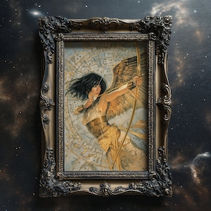 May include: A framed print of a woman with wings and a bow and arrow. She is wearing a gold and white outfit and is standing in front of a circular background with a pattern of lines and circles. The background is a dark blue with stars.