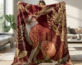 Fantasy Jackalope Sherpa Blanket, Autumn Woodland Throw, Mythical Forest Animal Blanket, Dark Cottagecore Decor, Gold Botanical Art