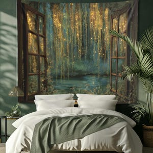 May include: A tapestry showing a tranquil landscape seen through an open window. The scene includes a calm body of water, verdant foliage, and shimmering lights, creating a dreamy atmosphere. The window frame is dark brown, and the tapestry hangs above a bed with white bedding.