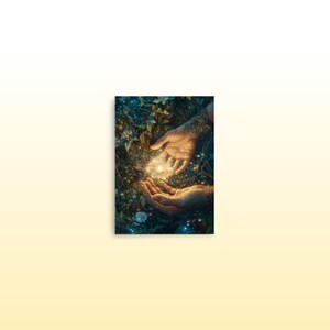 May include: Two hands cupped together, glowing with a soft, golden light. The hands are surrounded by lush green foliage and sparkling particles.
