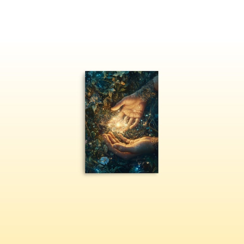 May include: Two hands cupped together, glowing with a soft, golden light. The hands are surrounded by lush green foliage and sparkling particles.