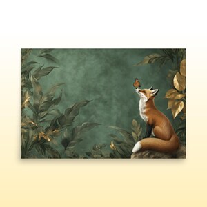 Whimsical Fox and Butterfly Fantasy Matte Print Green and Gold Botanical Fox Art Print Cute Fox and Butterfly Wall Art Fox Lover Art Print