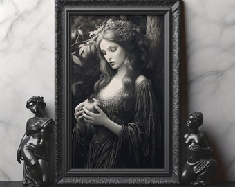 May include: A black and white framed print of a woman with long hair holding a pomegranate. She is wearing a long-sleeved dress and a crown of flowers. The background is a dark forest.