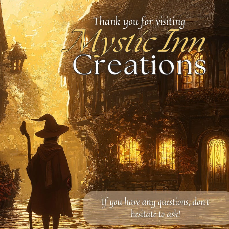 May include: A silhouette of a person wearing a pointed hat and a long robe, standing in front of a building with the text "Mystic Inn Creations" above the entrance. The building has a warm, inviting glow coming from the windows.