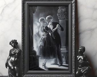 May include: A framed black and white artwork depicts two skeletons dancing in formal attire. The ornate black frame surrounds the image, which is set against a marble-patterned wall. Two black statues flank the framed artwork.