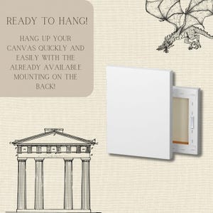 May include: White canvas with a wooden frame, ready to hang. The canvas is blank and has a pre-installed hanging system on the back. The text "READY TO HANG!" is visible in the image.  Hang up your canvas quickly and easily with the already available mounting on the back!"