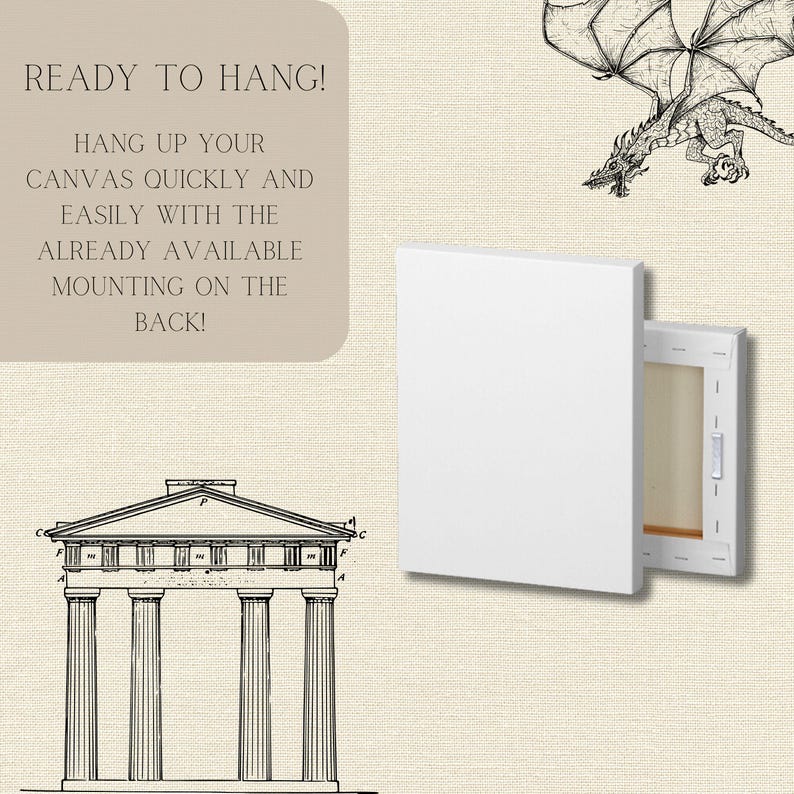May include: White canvas with a wooden frame, ready to hang. The canvas is blank and has a pre-installed hanging system on the back. The text "READY TO HANG!" is visible in the image.  Hang up your canvas quickly and easily with the already available mounting on the back!"