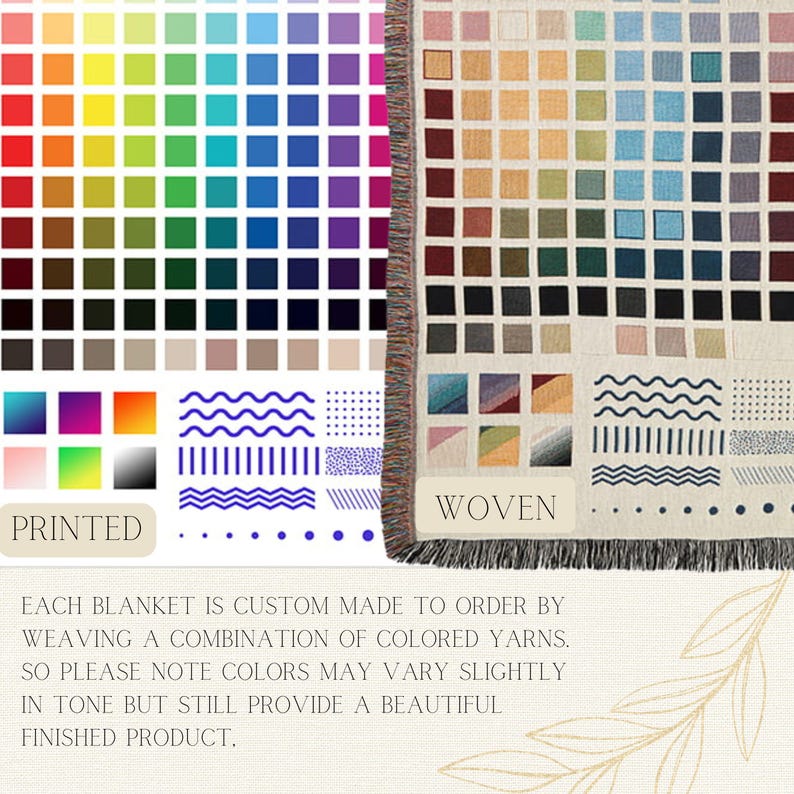 May include: A comparison of printed and woven blankets. The printed blanket has a color chart with a rainbow of colors. The woven blanket has a similar color chart, but the colors are woven into the fabric. The text "PRINTED" and "WOVEN" is below each chart. The text "EACH BLANKET IS CUSTOM MADE TO ORDER BY WEAVING A COMBINATION OF COLORED YARNS. SO PLEASE NOTE COLORS MAY VARY SLIGHTLY IN TONE BUT STILL PROVIDE A BEAUTIFUL FINISHED PRODUCT." is below the charts.