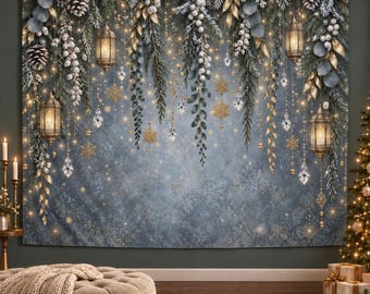 Winter Lantern Glow Tapestry, Snowy Evergreen and Gold Lantern Wall Hanging, Blue Gray Christmas Decor