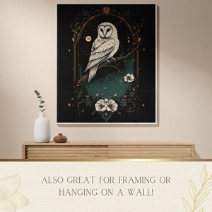 May include: A white owl with a dark green background, surrounded by white flowers and gold accents. The owl is perched on a branch with its wings spread out. The background is filled with stars.