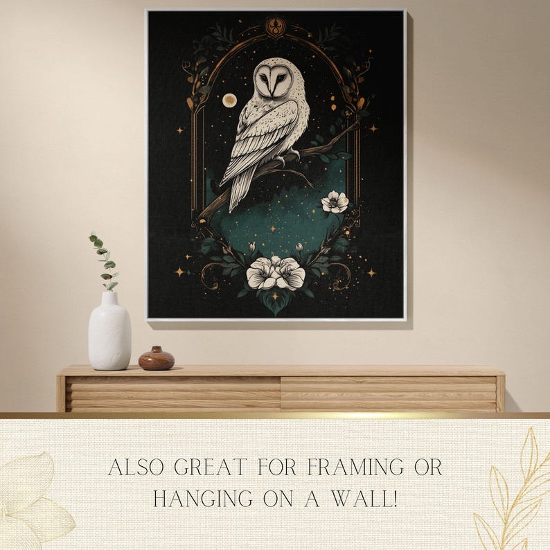 May include: A white owl with a dark green background, surrounded by white flowers and gold accents. The owl is perched on a branch with its wings spread out. The background is filled with stars.