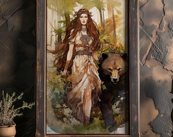 Artio Celtic Goddess of the Wilderness Poster Print Celtic Goddess Watercolor Wall Decor Bear Lover Art Celtic Bear Goddess Wall Art