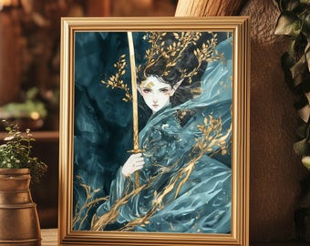 Elven Forest Guardian mat print goddelijke vrouwelijke elf kunst fantasie Elfen muur decor Fantasy kamer decor DND kunst groene botanische Fantasy Art