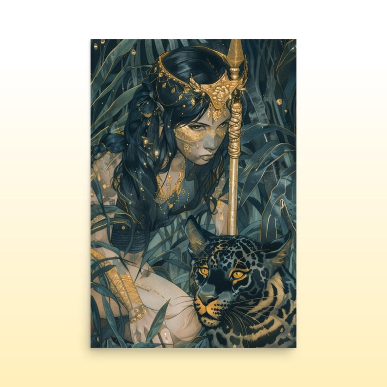 Awilix Matte Print Divine Mayan Goddess Art Print Awilix, Goddess of Moon and Night in Gold & Green Mayan Wall Art Green Mayan Wall Decor