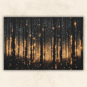 May include: A dark forest scene with glowing lights strung between the trees. The lights are a warm yellow color and create a magical atmosphere.