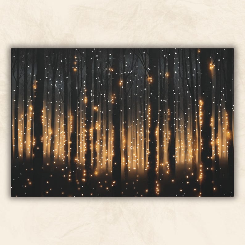 May include: A dark forest scene with glowing lights strung between the trees. The lights are a warm yellow color and create a magical atmosphere.