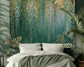 Enchanted Elven Golden Forest Tapestry, Green Botanical Wall Hanging, Magical Woodland Cottagecore Bedroom Decor