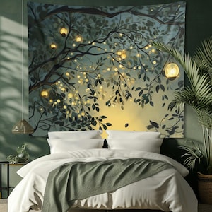 Elven Lanterns Tapestry Enchanted Forest Wall Hanging Teal Green Gold Whimsical Bedroom Decor Fairy Lights Magical Boho Wall Art