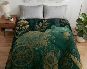Enchanted Gold Botanical Bear Fleece Sherpa Blanket Mystical Forest Illustration Art Nouveau Fantasy Room Decor Throw