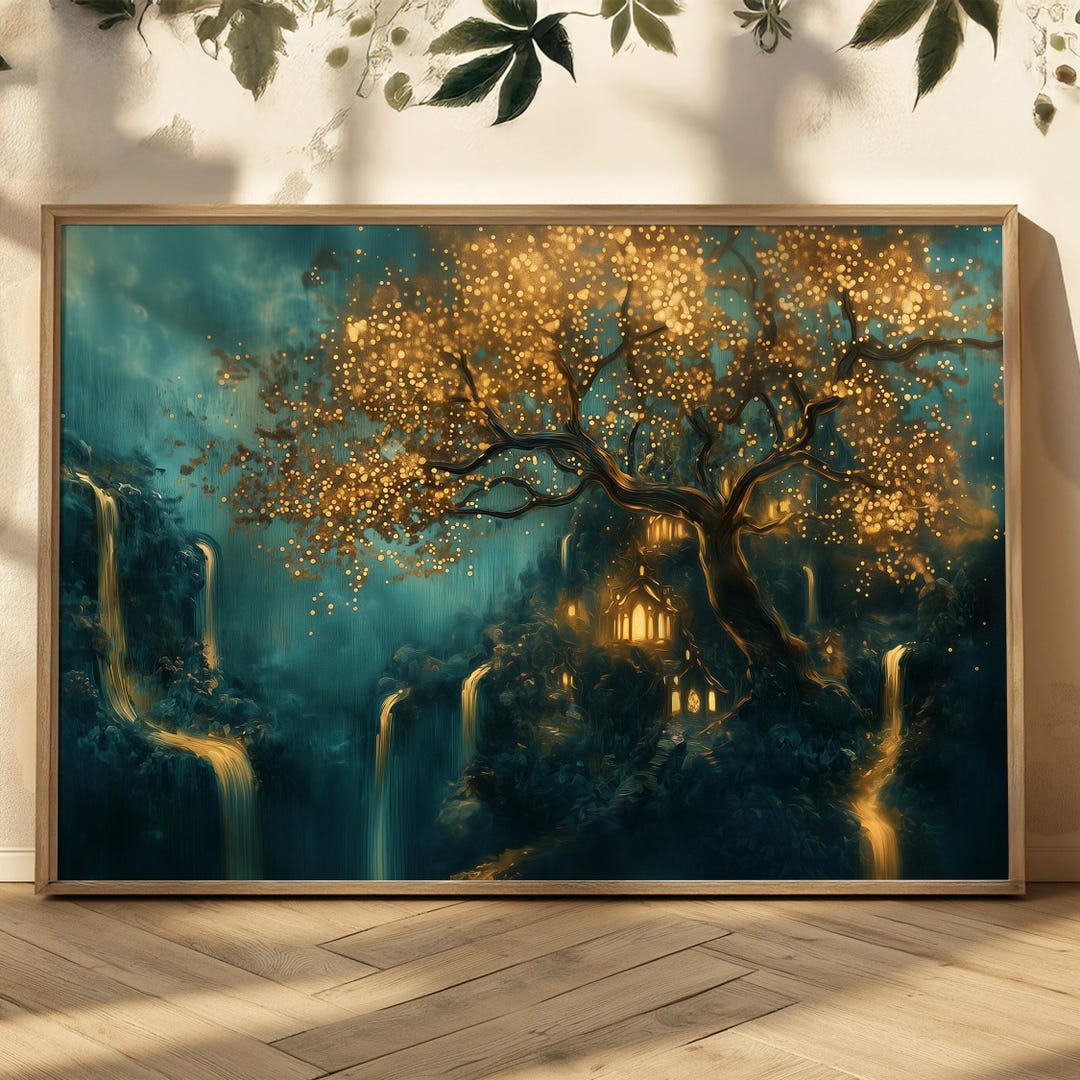 Enchanted Elven Village Print Glowing Tree Fantasy Matte Wall Art ...