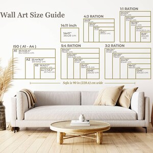 May include: A wall art size guide with different ratios and measurements in inches and centimeters. The guide shows the dimensions of various sizes of wall art, including 14:11, 4:3, 5:4, 3:2, and 1:1 ratios. The guide also includes the standard ISO paper sizes A1, A2, A3, and A4. The text "Sofa is 90 in (228.6) cm wide" is at the bottom of the guide.
