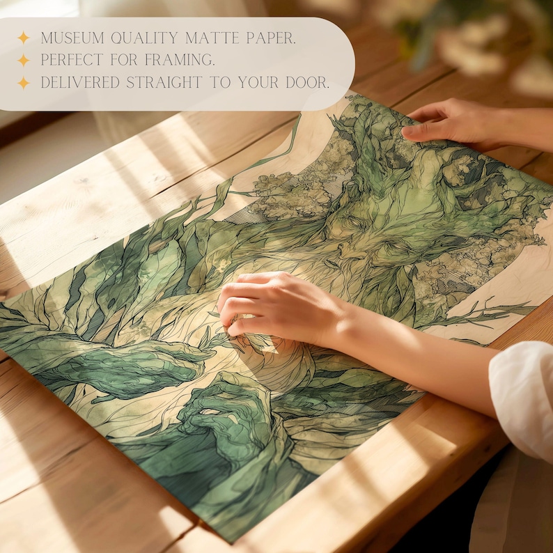 May include: A detailed illustration of a tree spirit with a human-like face, printed on museum quality matte paper. The paper is being held by a person's hands.