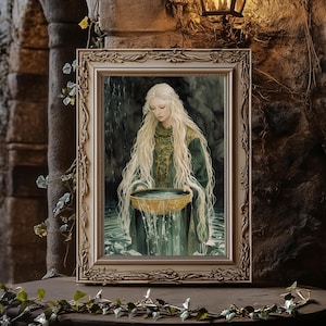 Danu, Celtic Goddess Matte Print, Danu With Bowl of Water Art Print, Green Celtic Wall Decor, Divine Feminine Art Celtic Goddess Art Gift