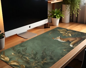 May include: A green and gold desk mat with a fox and butterfly design. The mat features a realistic illustration of a fox with a butterfly in front of it. The background is a green and gold leafy pattern.