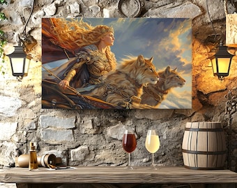 Freya and Her Cats Canvas Print, Norse Queen Freya In Carriage With Cats Canvas, Norse Mythology Wall Art, Queen of Valkyries Wall Decor