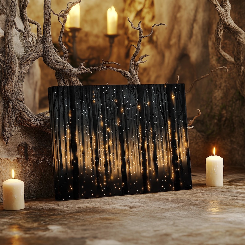 May include: A black canvas print with a dark forest scene. The trees are silhouetted against a background of twinkling lights. The print is framed with a thin black border.