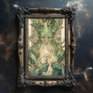 May include: A green, tree-like figure with a white beard holds a white flower in its hands. The figure is surrounded by green leaves and branches. The background is a light brown color.