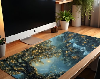 May include: A blue and green fantasy-themed mousepad with a large tree with glowing lights and a waterfall in the background.
