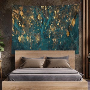 May include: A teal and gold tapestry featuring a stylized tree design with hanging golden pods and leaves. The tapestry is hanging above a wooden bed frame with gray bedding and pillows. The wall behind the bed is a textured gray.