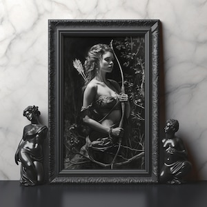 Artemis Black and White Print, Artemis Goddess Nature Art Mythology Inspired Wall Art Gift for Fantasy and Nature Lover