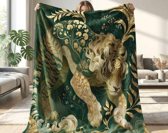 Enchanted Golden Botanical Tiger Fleece Sherpa Blanket Decorative Animal Jungle Throw Fantasy Tiger Blanket Gift