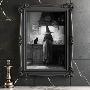 The Witch&#39;s Kitchen Matte Print Black and White Witch Wall Art Spooky Cottagecore Decor Gothic Witch Print Halloween Home Artwork