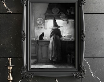 The Witch's Kitchen Matte Print Black and White Witch Wall Art Spooky Cottagecore Decor Gothic Witch Print Halloween Home Artwork