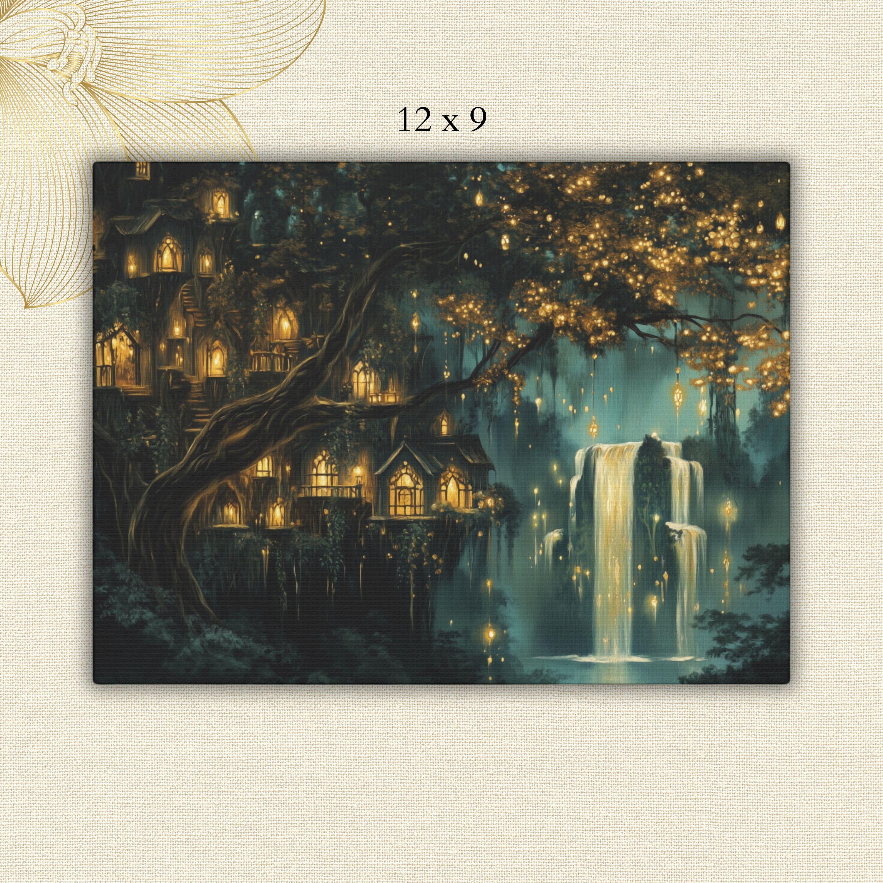 Elven Tree Village Canvas Art Print Fantasy Forest Wall Decor Mystic ...