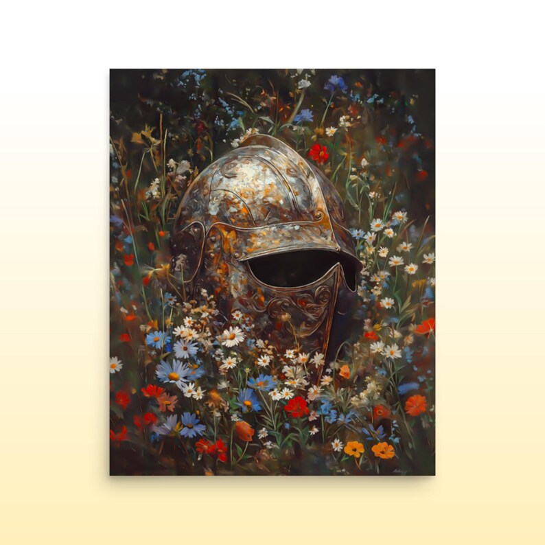 Lost Knight's Helm Floral Matte Print Floral Knight Fantasy Print Dark Cottage Core Wall Decor Fantasy Wildflower Wall Decor Fantasy