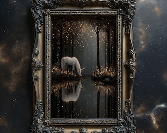 Enchanted Unicorn Forest Print Fantasy Magical Creature Wall Art Dark Woodland Scene Reflected Mythical Animal Matte Poster Home Decor