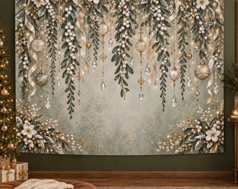Golden Ribbon Evergreen Tapestry, Green and Gold Christmas Ornament Wall Hanging, Elegant Holiday Decor