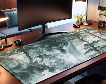 May include: A large gray and white wolf head graphic printed on a rectangular desk mat. The mat is on a wooden desk with a computer monitor and a lamp.
