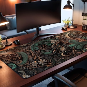 May include: A black, green, and gold patterned desk mat with a floral design. The mat is on a wooden desk with a computer monitor, a lamp, and a plant.