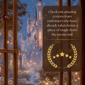 K&ouml;nnte beinhalten: Eine digitale Illustration eines Schlosses bei Nacht, durch ein Fenster betrachtet. Der Text lautet: "Entdecken Sie tolle Bewertungen von Kunden, die bereits ein St&uuml;ck Magie vom Mystic Inn mit nach Hause genommen haben!"